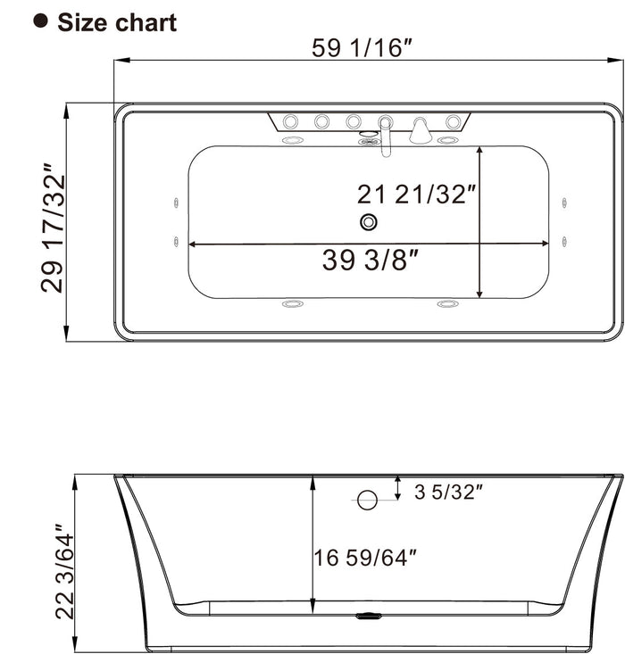 EMPV-59AIS15 59'' L X 29.5'' W X 22'' H 59" Freestanding Whirlpool Rectangle Tub with Center Drain