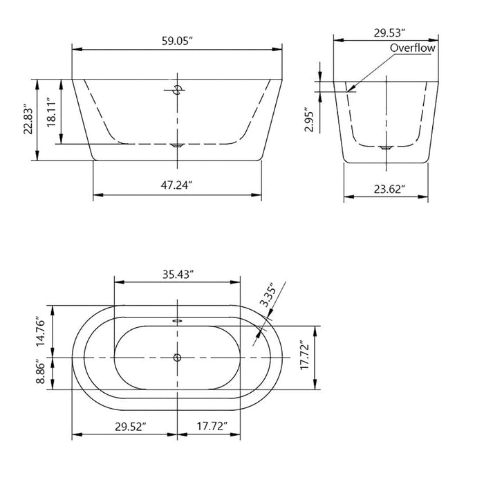 EMPV-59FT1505 59"LX30"WX23"H 59" Freestanding Soaking Tub with Center Drain