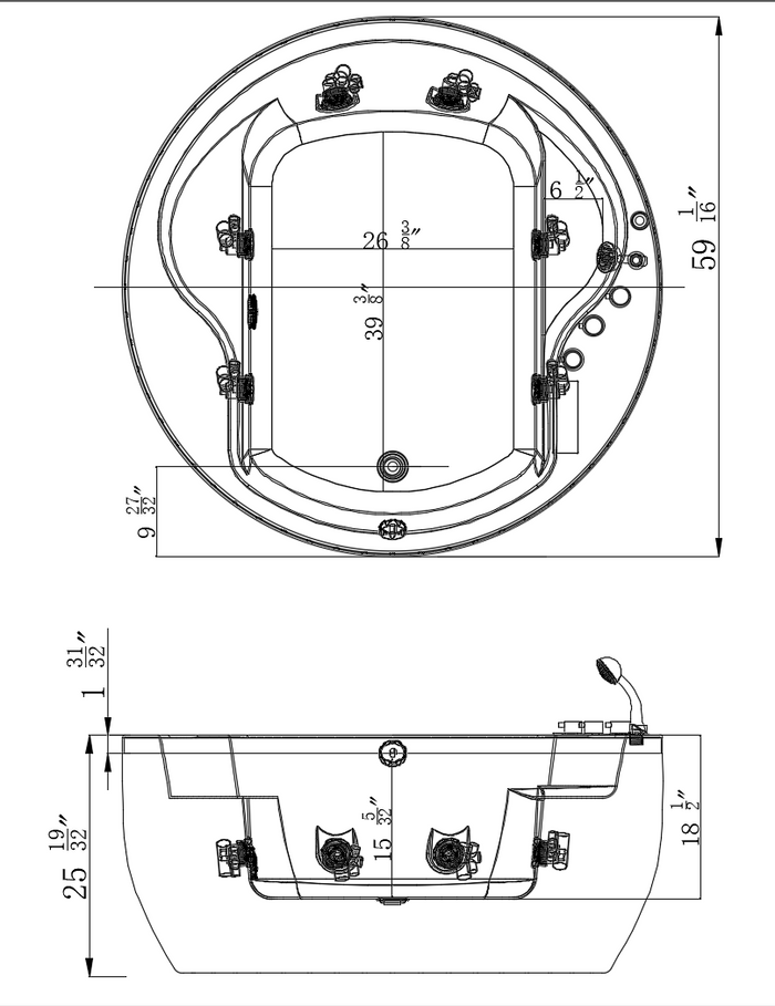 Empava-59JT005 59 in. Whirlpool Acrylic Hydromassage Round Tub EMPV-59JT005 59'' L X 39'' W X 25.6'' H