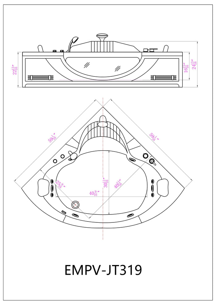 Empava-59JT319LED 59 in. Whirlpool Corner Bathtub With Thermostat EMPV-59JT319LED 59'' X 59''X 25''