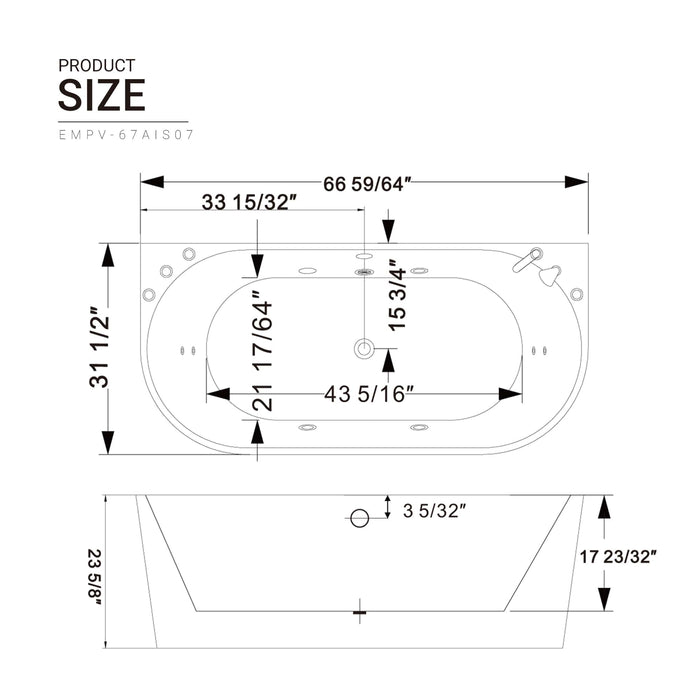 Empava-67AIS07 67 in. Whirlpool Acrylic Alcove Hydromassage Bathtub EMPV-67AIS07 67"L X 31.5"W X 23.6"H