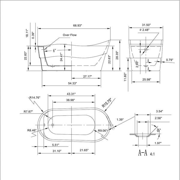 EMPV-67FT1527 67"LX31"WX28"H 67" Freestanding Soaking Tub with Left Drain