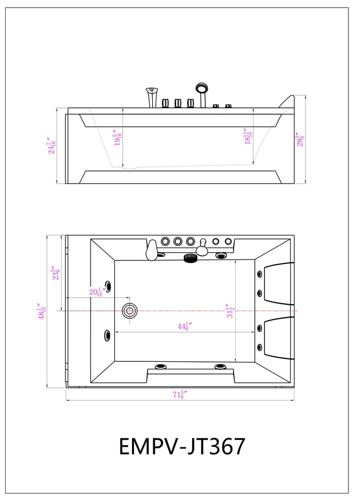 72" Alcove Whirlpool 2-Person LED Tub with Left Drain