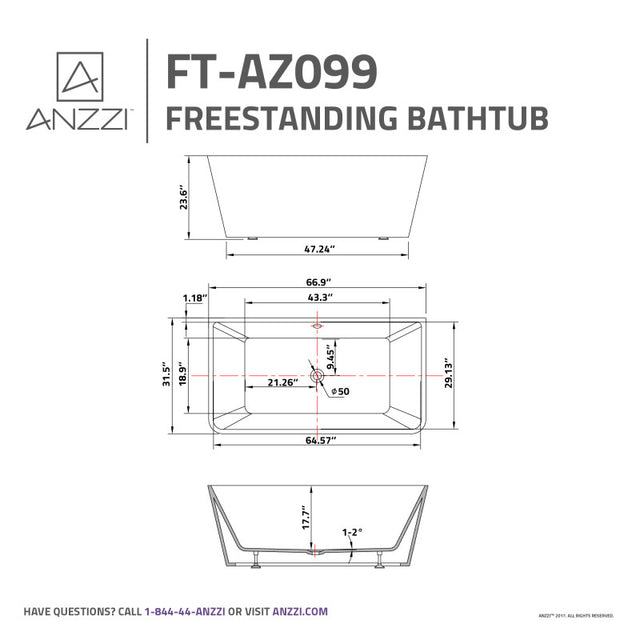 Zenith Series 5.58 ft. Freestanding Bathtub in White rectangular